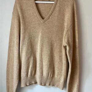Vintage Jantzen Tan V-Neck Wool Sweater Ribbed Cuffs Grandpa Old Money